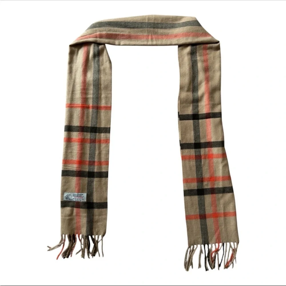 Italy Design Cashmere Blend Unisex Classic Beige, Orange & Black Checkered Scarf